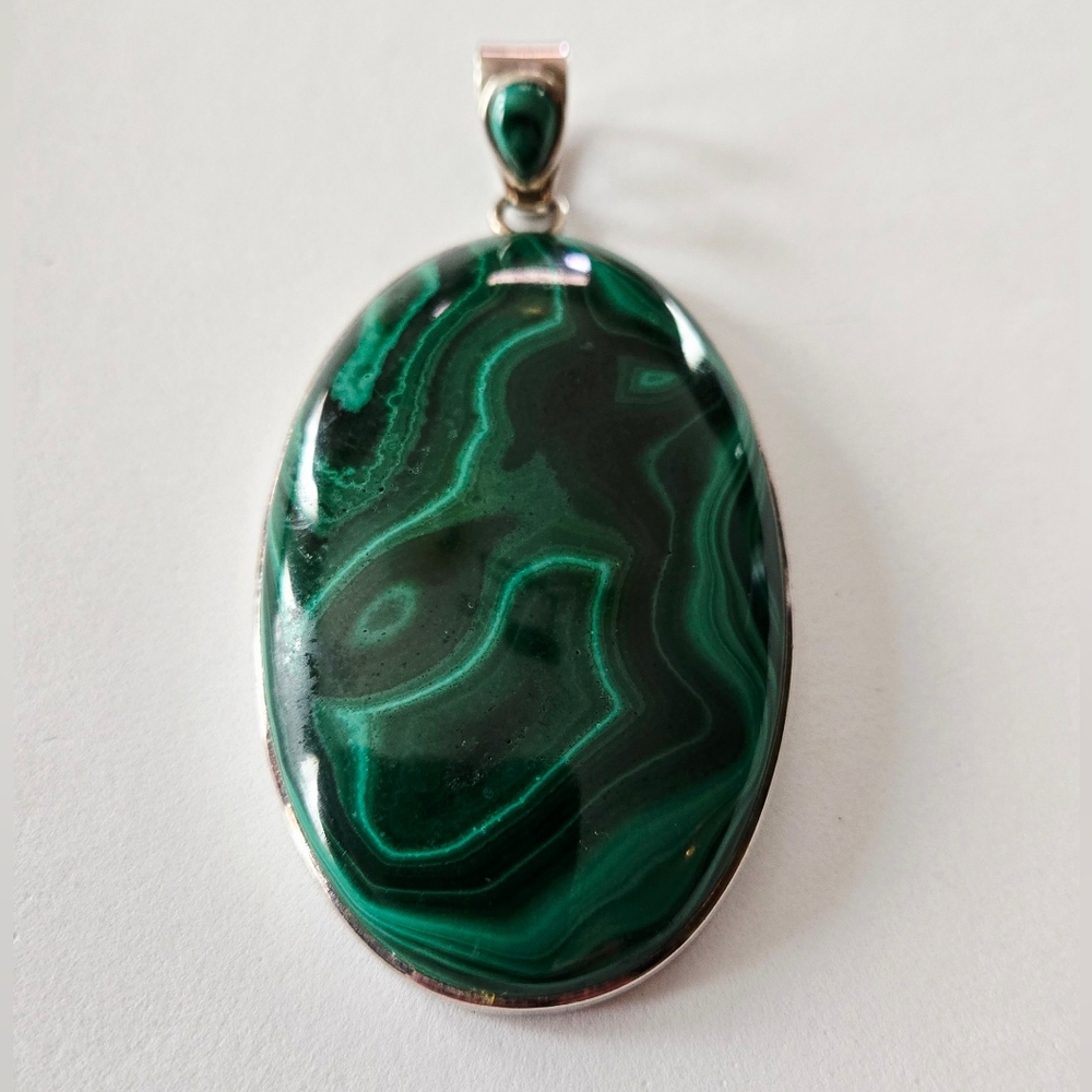 Sterling Silver Green Malachite Large Oval Pendant
